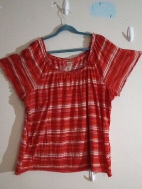 Faded Glory Red & White Striped Square-Neck Peasant Top